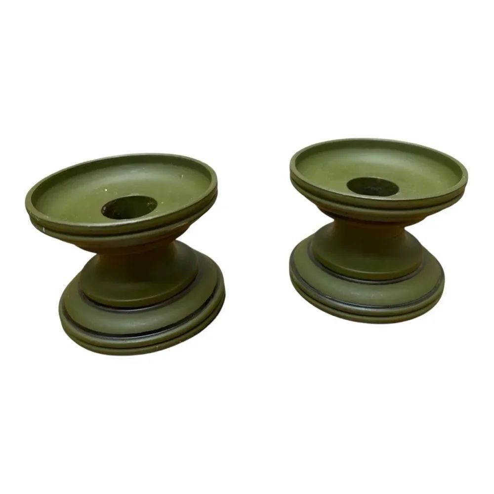 Vintage Avocado Green Pedestal Candle Holders Set of 2 Painted MCM 70s